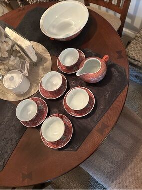 Vintage Famille Rose Mun Shou Porcelain Tea Set of 5 & soup bowl